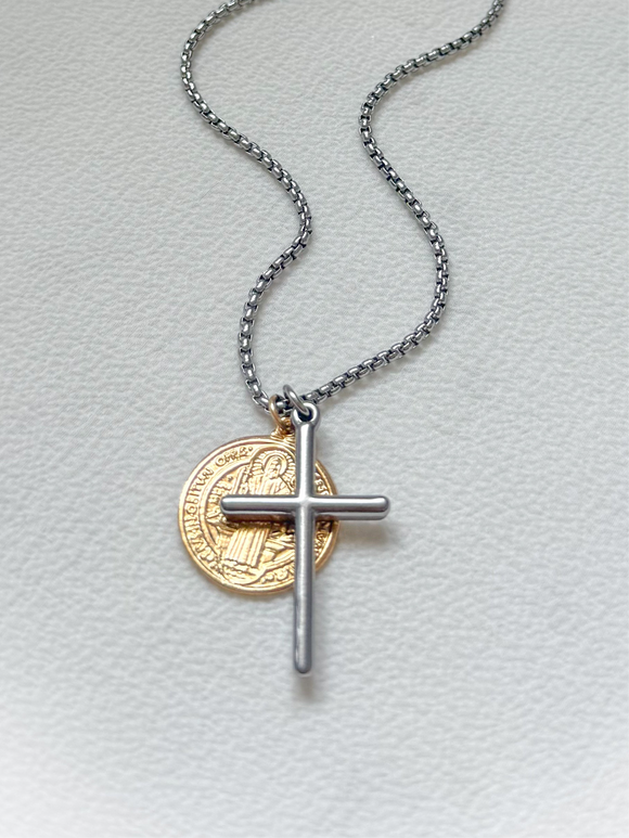 Saint Benedict Medal and Cross Metal Mix Necklace