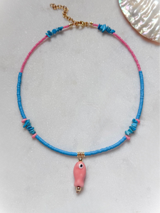 Royal Blue Beads + Soft Pink Fish