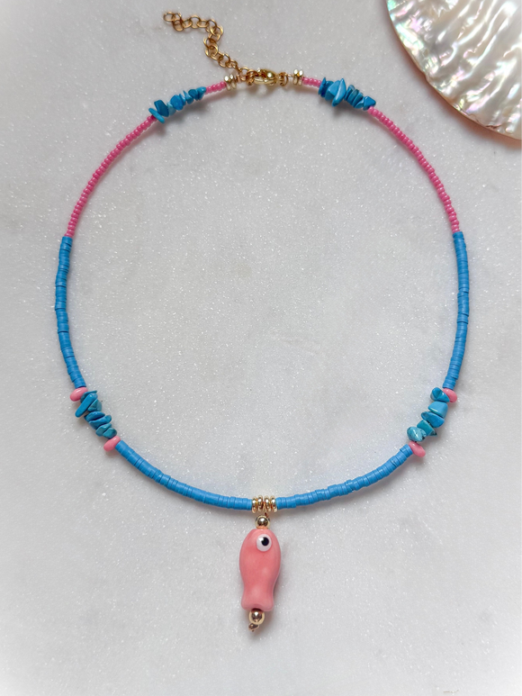 Royal Blue Beads + Soft Pink Fish