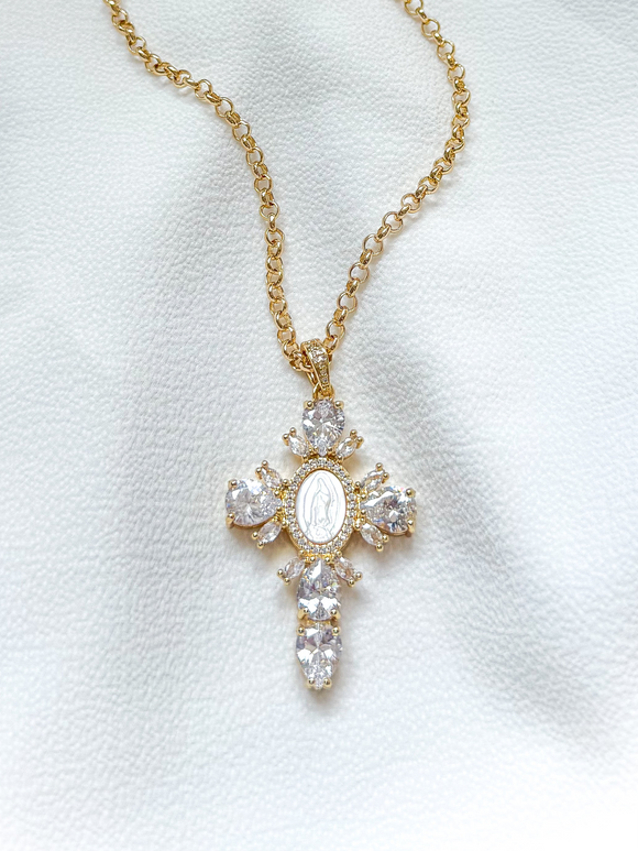 Virgin Mary Pearl Rhinestone Cross Necklace