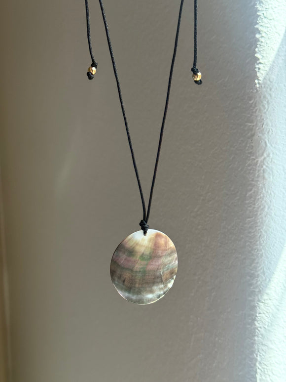Reversible Round Nacar Pendant Espresso Satin Cord